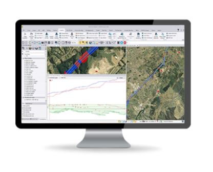 Trimble Business Center software creating 3D terrain models for construction projects.
